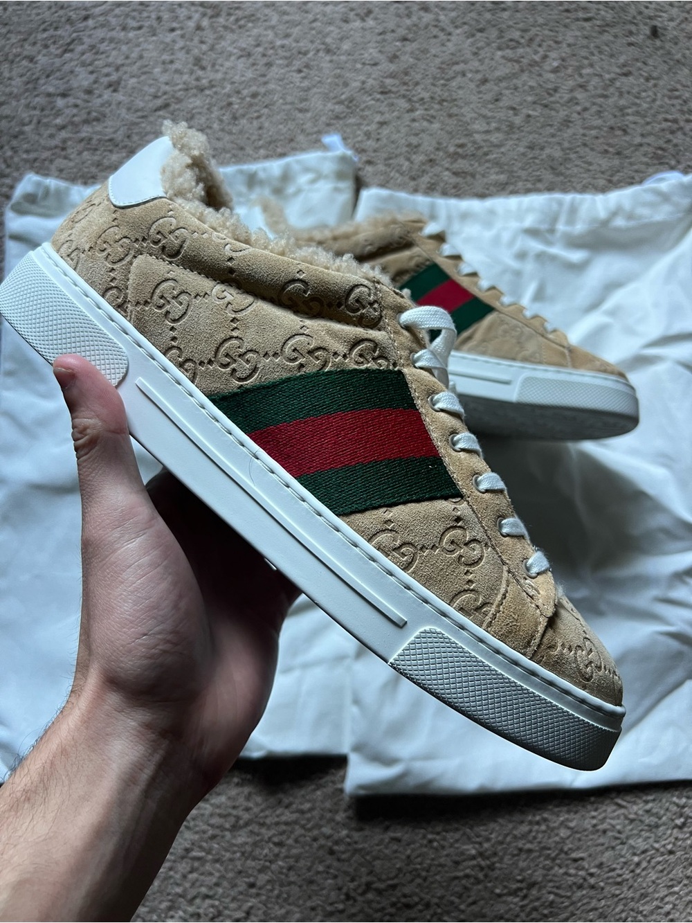 Gucci Tan GG Supreme Sneakers with Green-Red Web Stripe - Picture 6 of 16